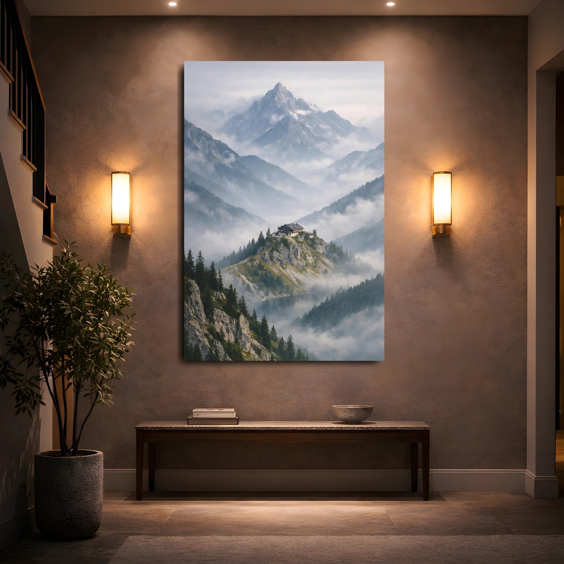 Nature Mountain Lodge Misty Mountain Refuge shown as front canvas room wall art