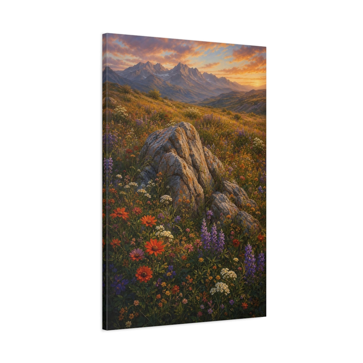 Main Mockup. Nature Mountain Meadow Colorful Meadow Sunset shown as stretched canvas wall art