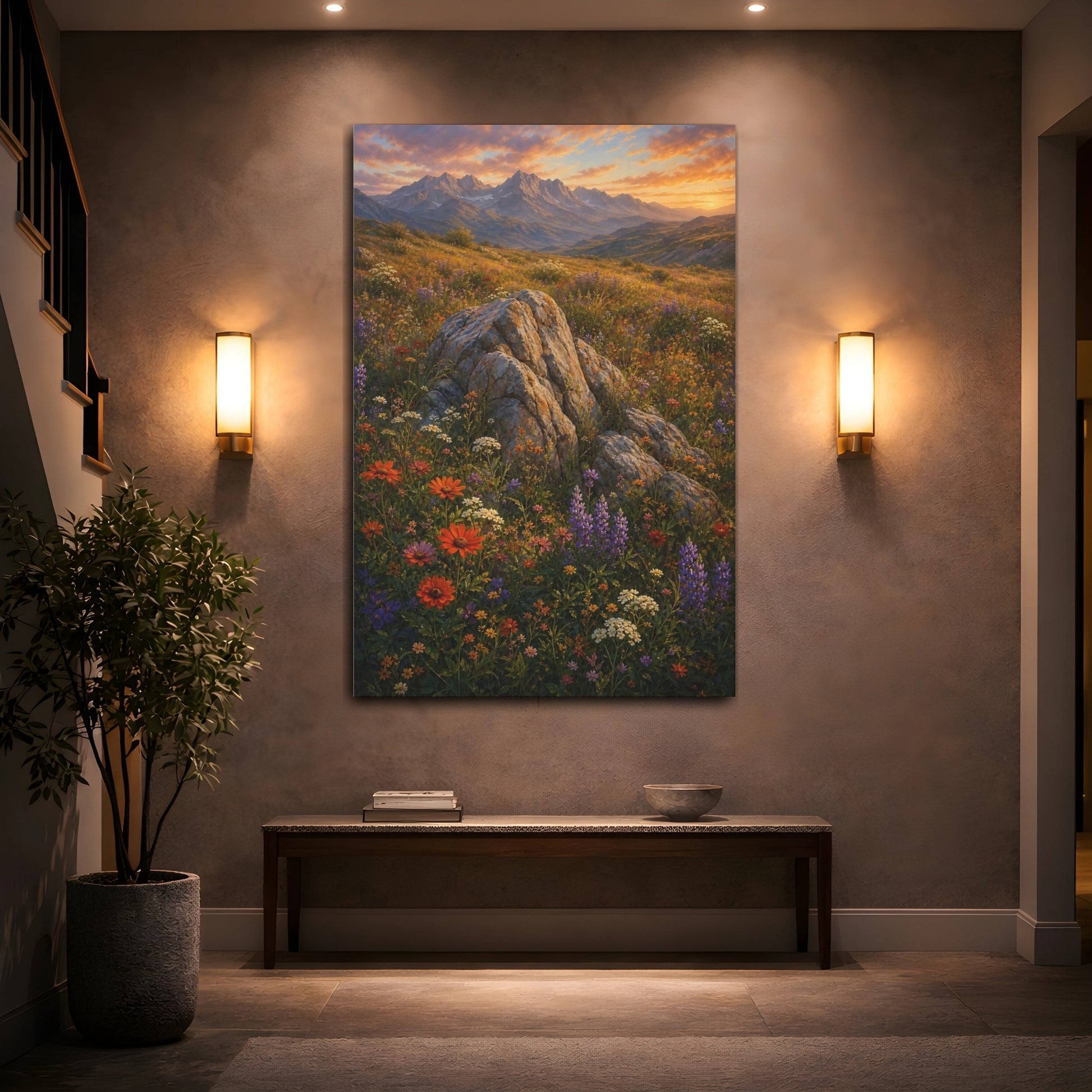 Mockup 2. Nature Mountain Meadow Colorful Meadow Sunset shown as stretched canvas wall art
