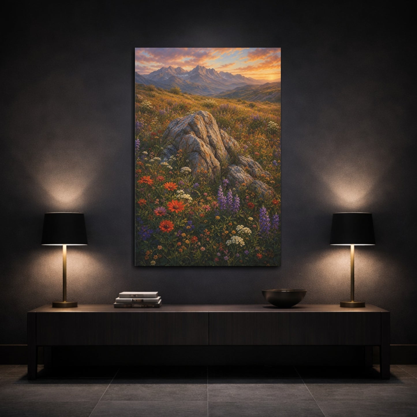 Mockup 3. Nature Mountain Meadow Colorful Meadow Sunset shown as stretched canvas wall art