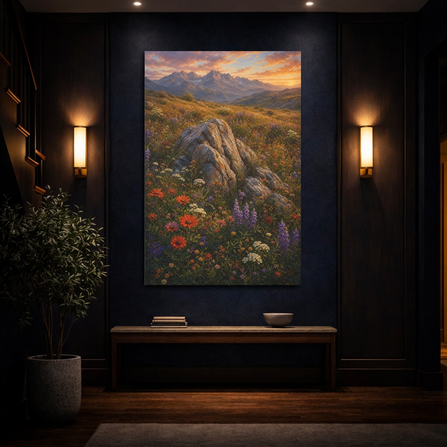 Mockup 4. Nature Mountain Meadow Colorful Meadow Sunset shown as stretched canvas wall art