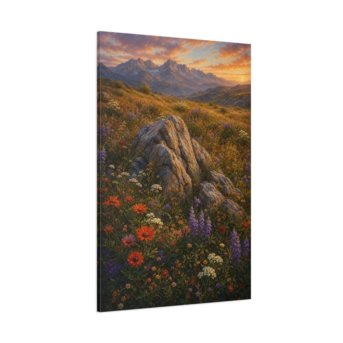 Side Mockup 1. Nature Mountain Meadow Colorful Meadow Sunset shown as stretched canvas wall art