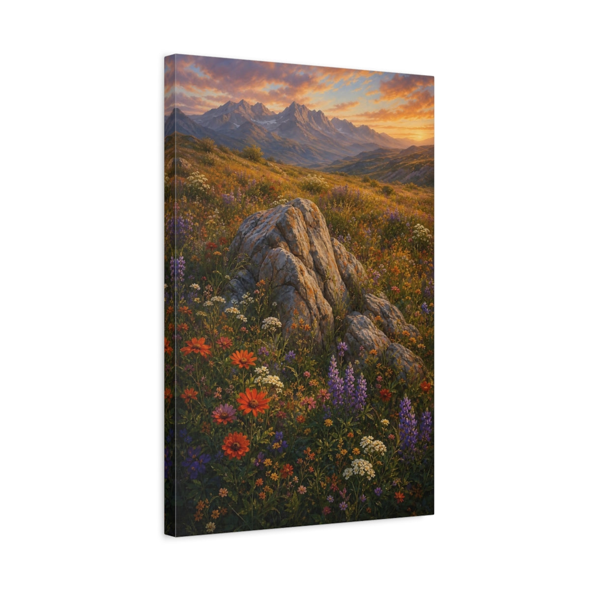 Side Mockup 3. Nature Mountain Meadow Colorful Meadow Sunset shown as stretched canvas wall art