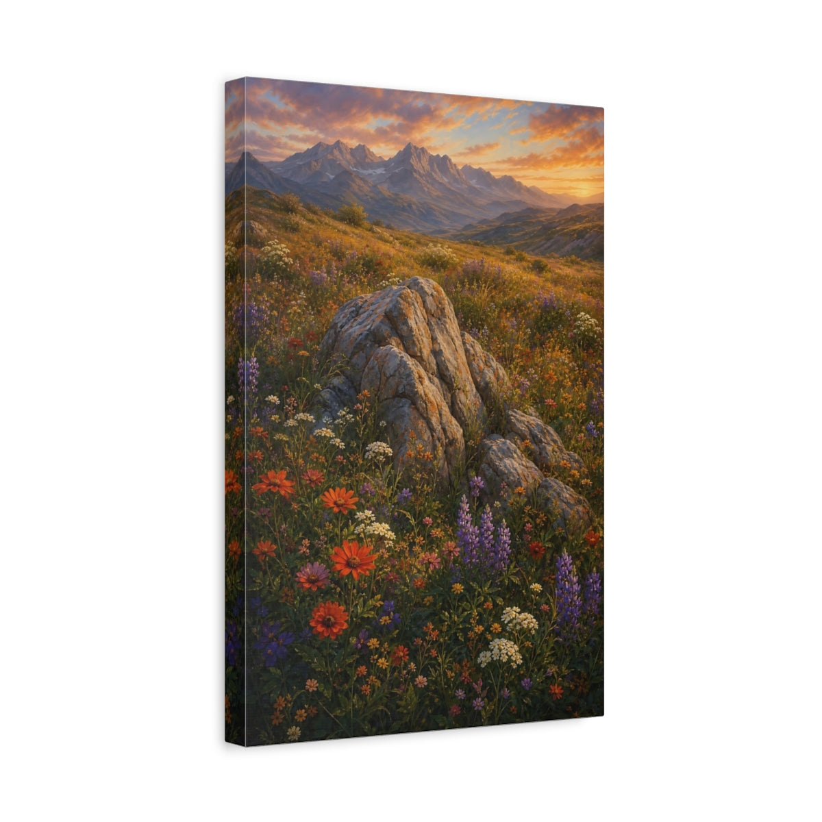 Side Mockup 4. Nature Mountain Meadow Colorful Meadow Sunset shown as stretched canvas wall art
