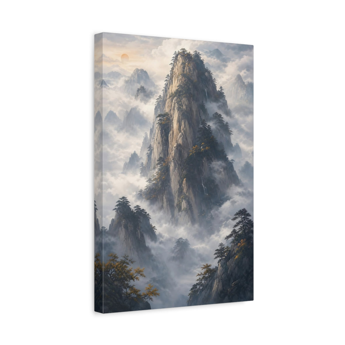 Side Mockup 4. Nature Mountain Misty Mountain shown as stretched canvas wall art