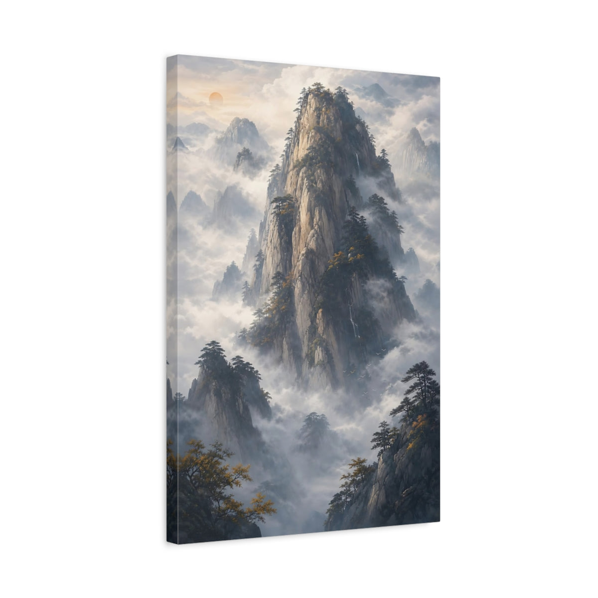 Side Mockup 3. Nature Mountain Misty Mountain shown as stretched canvas wall art