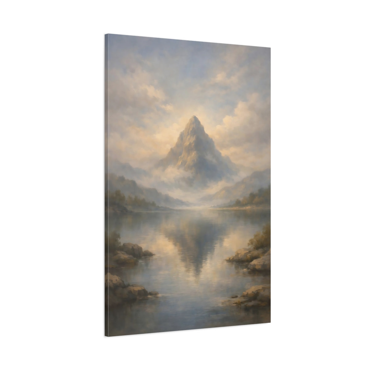 Main Mockup. Nature Mountain Misty Mountain Lake shown as stretched canvas wall art