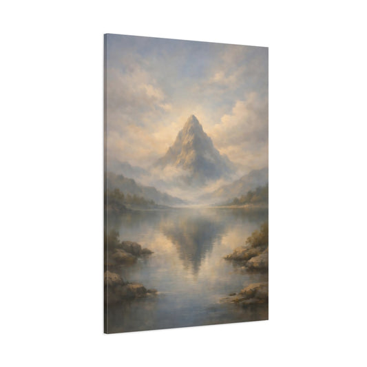 Main Mockup. Nature Mountain Misty Mountain Lake shown as stretched canvas wall art