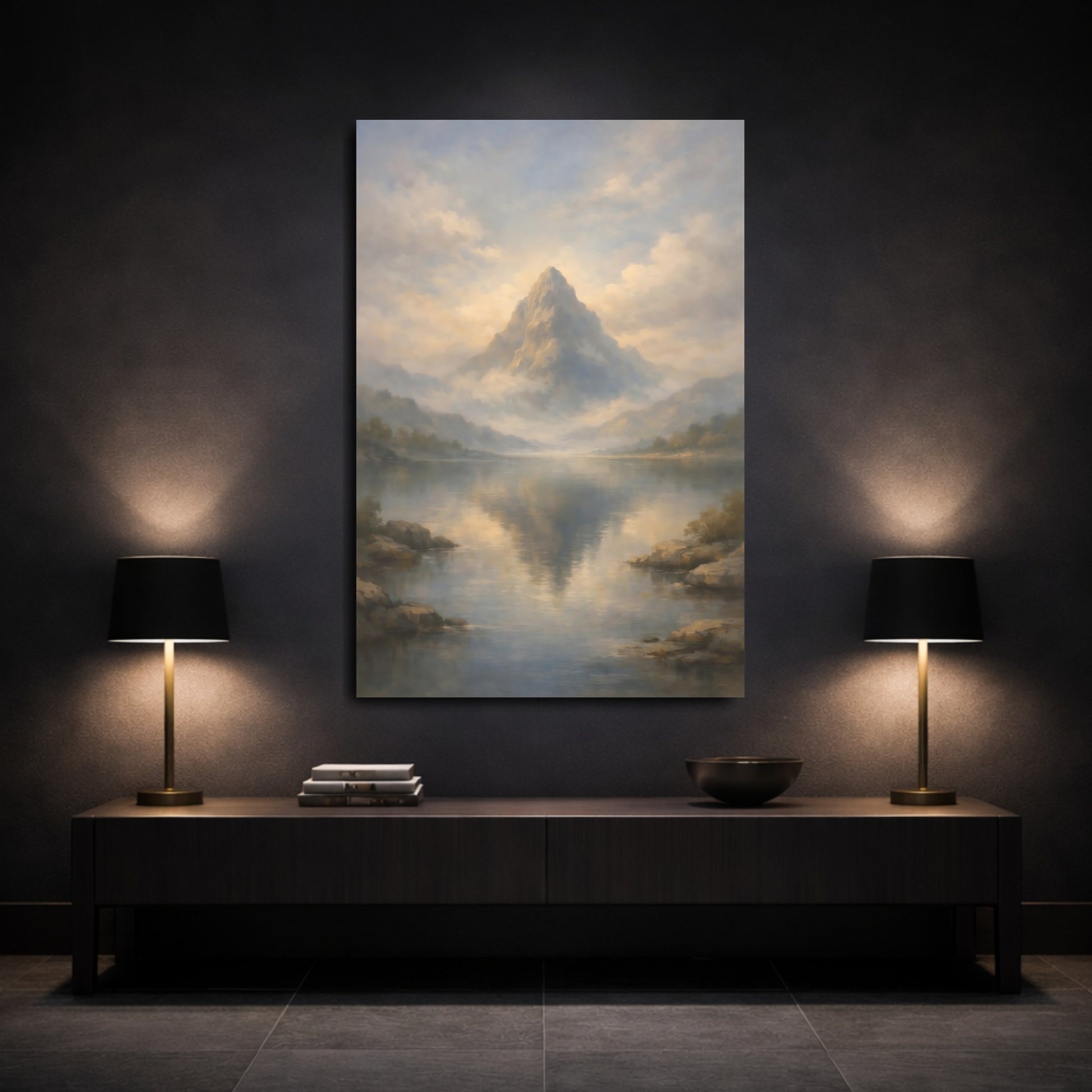 Mockup 2. Nature Mountain Misty Mountain Lake shown as stretched canvas wall art