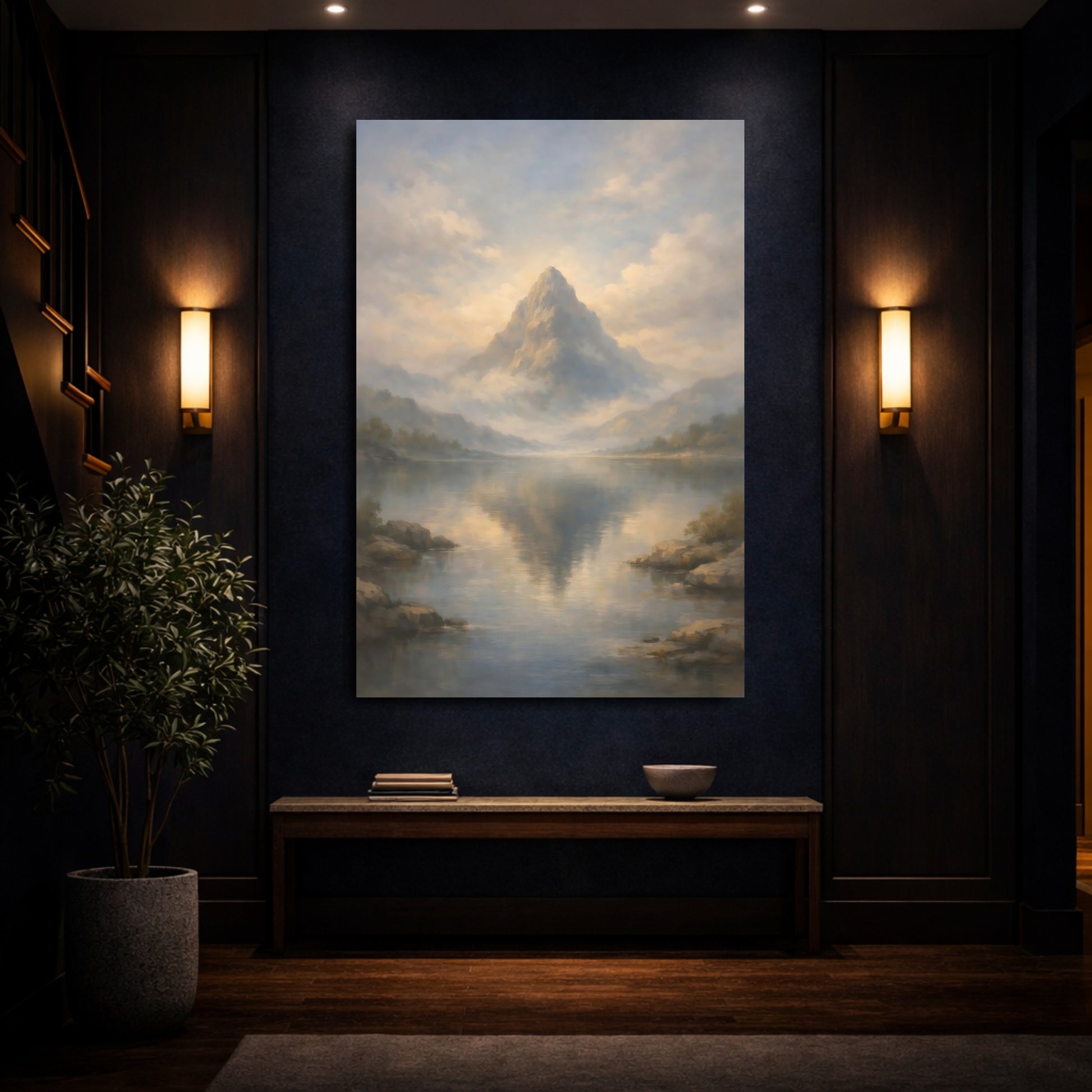 Mockup 3. Nature Mountain Misty Mountain Lake shown as stretched canvas wall art