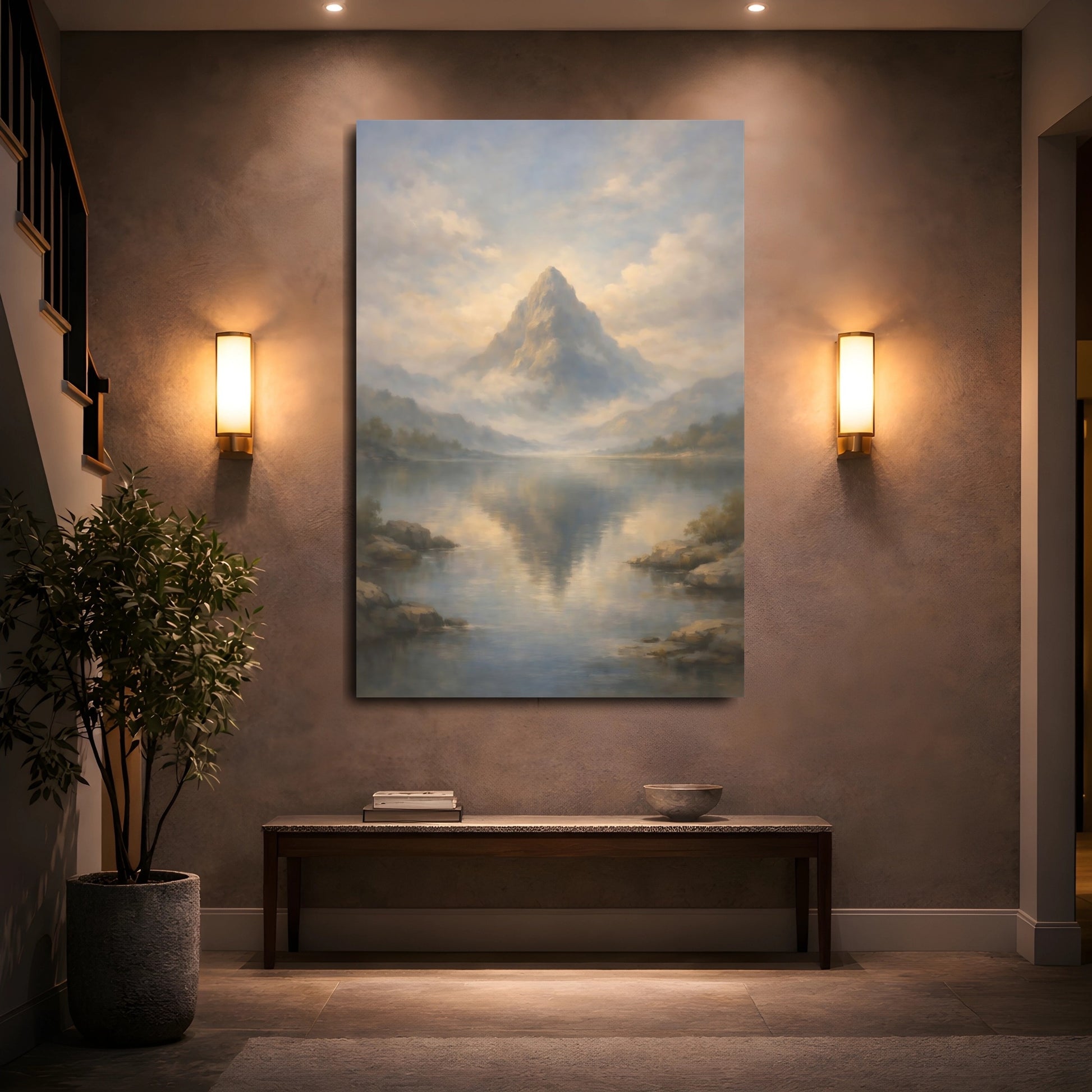 Mockup 4. Nature Mountain Misty Mountain Lake shown as stretched canvas wall art