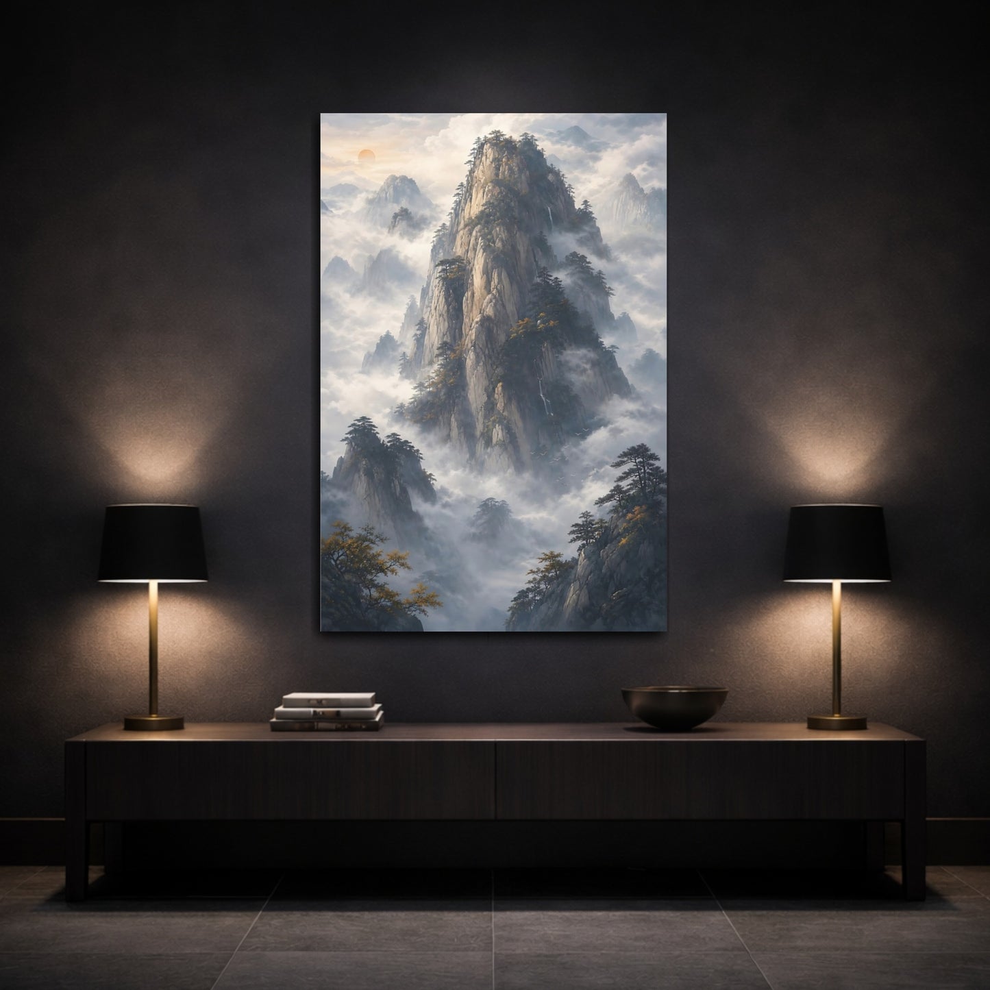 Mockup 3. Nature Mountain Misty Mountain shown as stretched canvas wall art