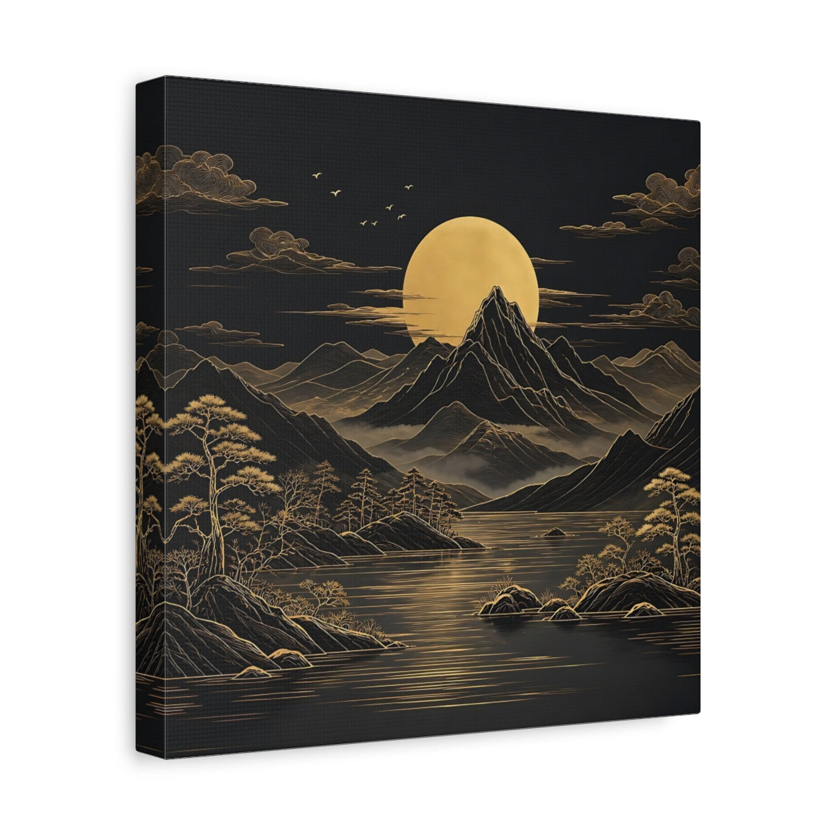 Side Mockup 8. Nature Mountain Moon Black And Gold Landscape shown as stretched canvas wall art