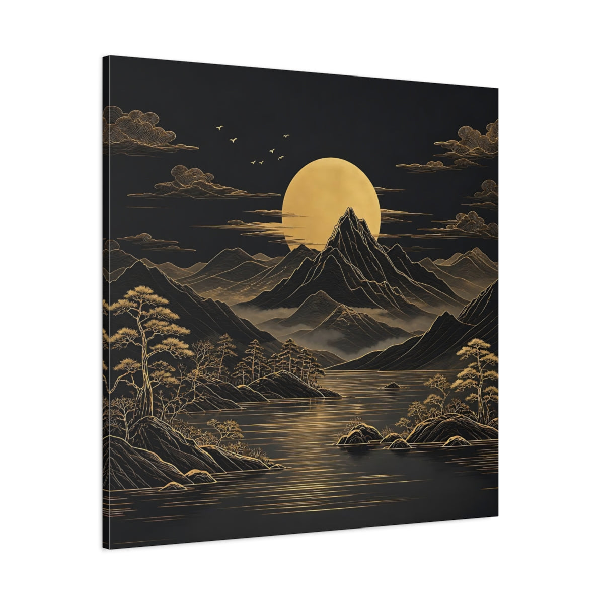 Side Mockup 1. Nature Mountain Moon Black And Gold Landscape shown as stretched canvas wall art