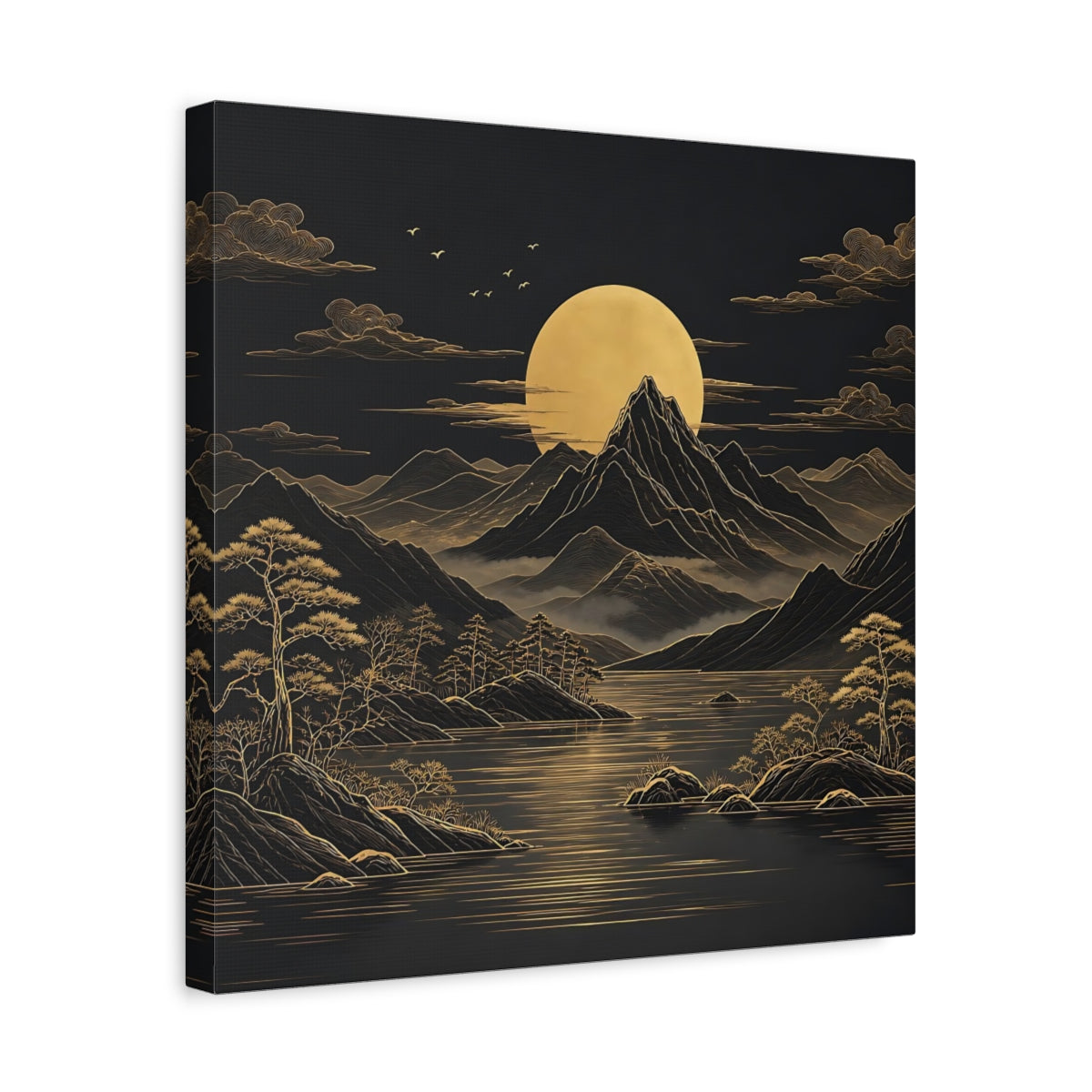 Side Mockup 6. Nature Mountain Moon Black And Gold Landscape shown as stretched canvas wall art