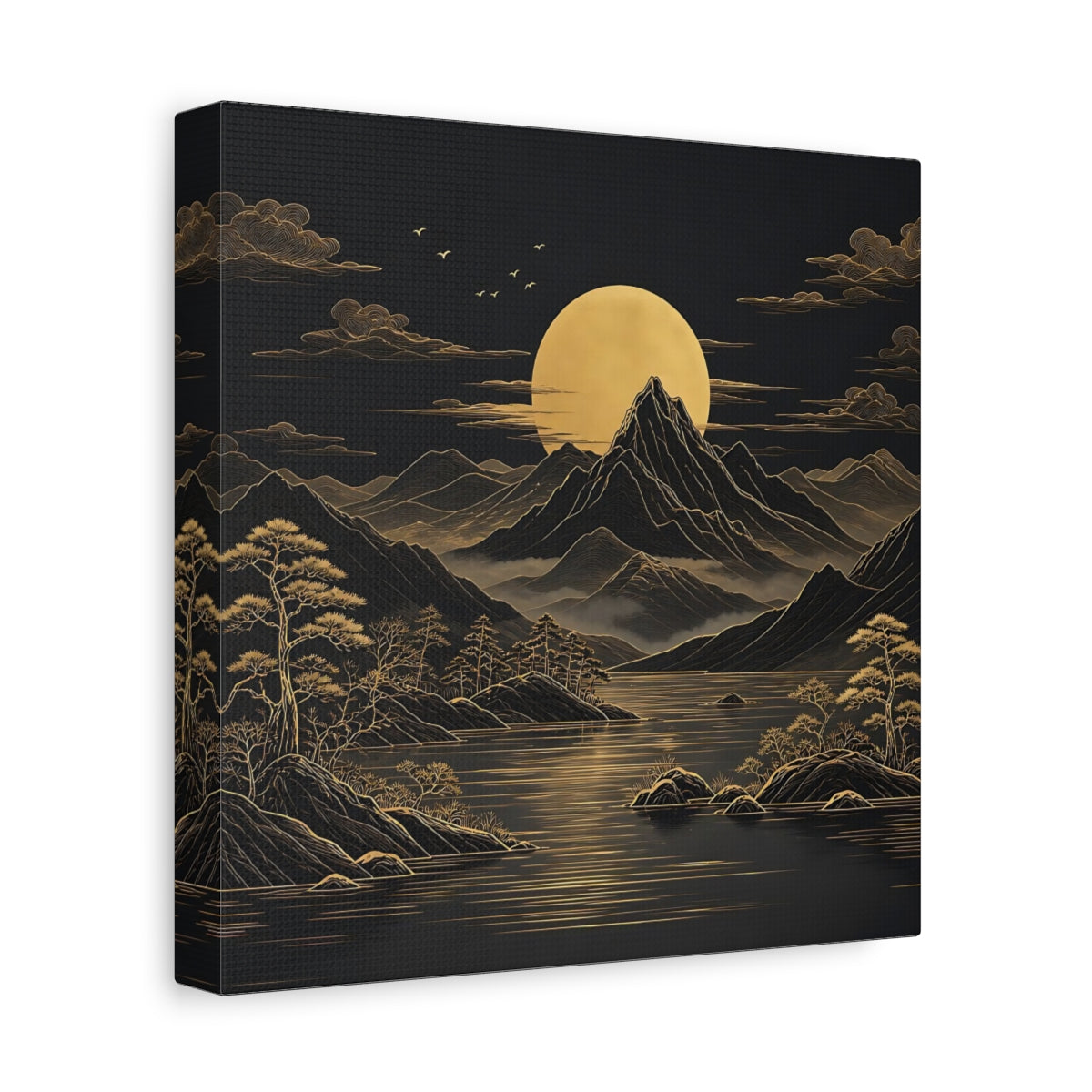 Side Mockup 9. Nature Mountain Moon Black And Gold Landscape shown as stretched canvas wall art