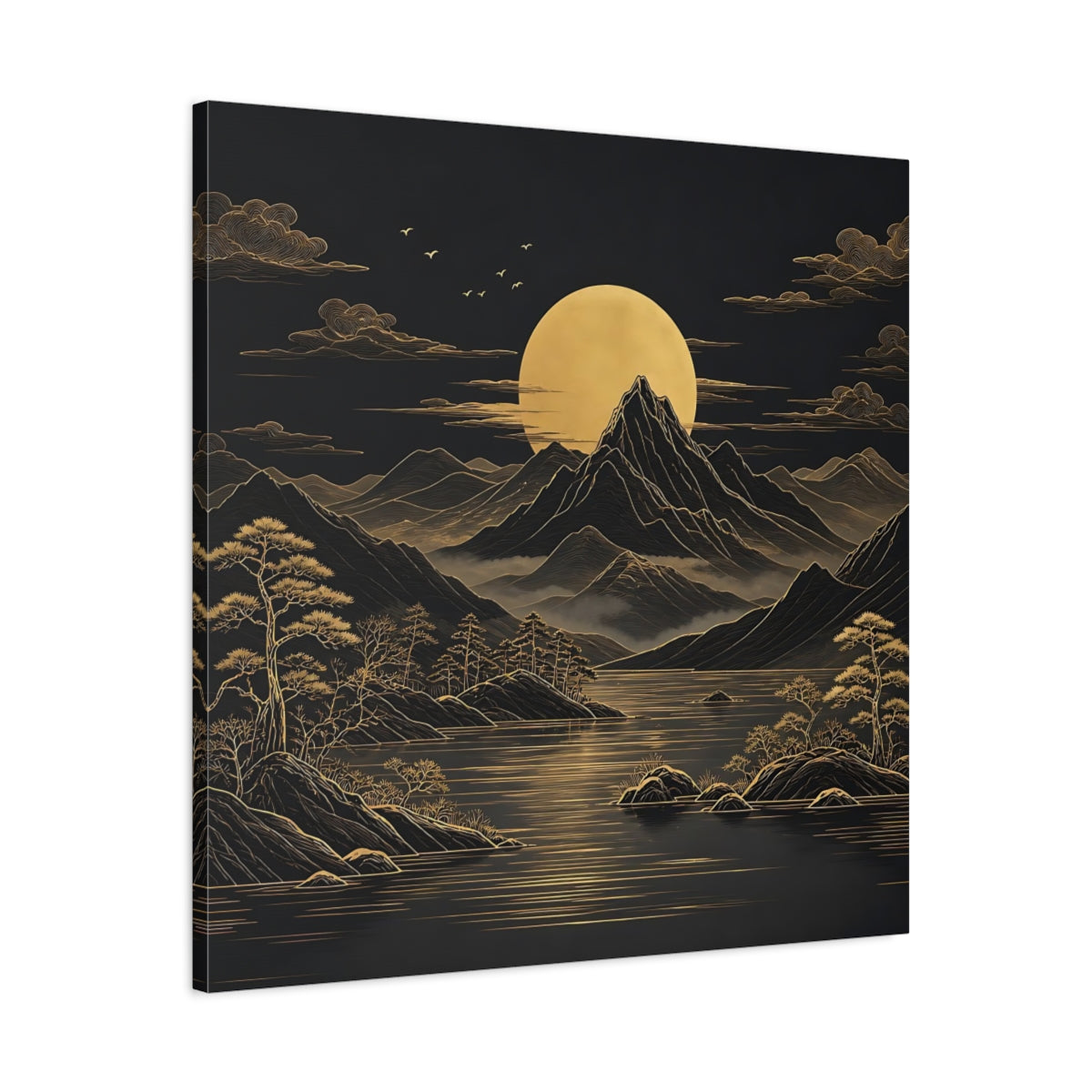 Side Mockup 3. Nature Mountain Moon Black And Gold Landscape shown as stretched canvas wall art
