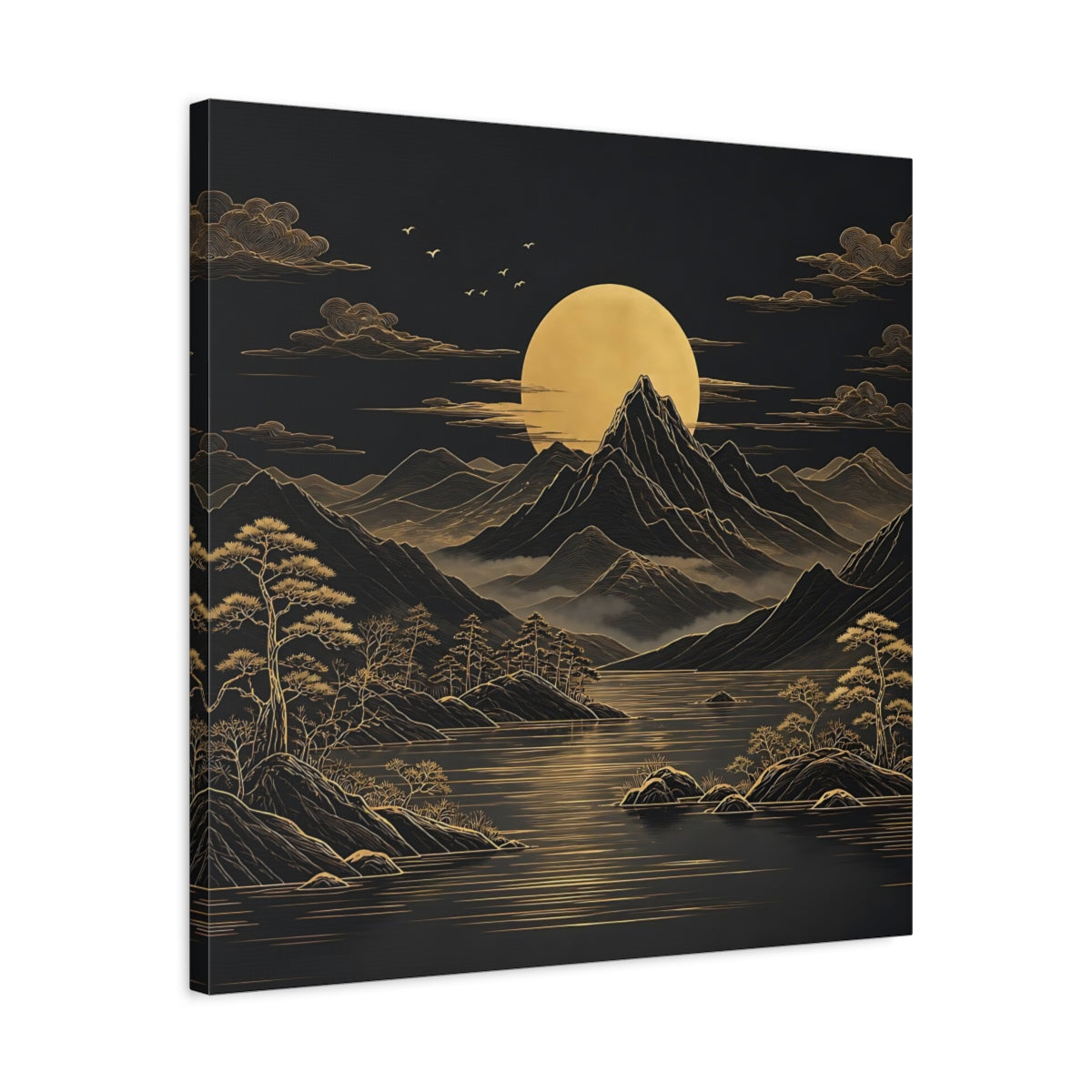Side Mockup 4. Nature Mountain Moon Black And Gold Landscape shown as stretched canvas wall art
