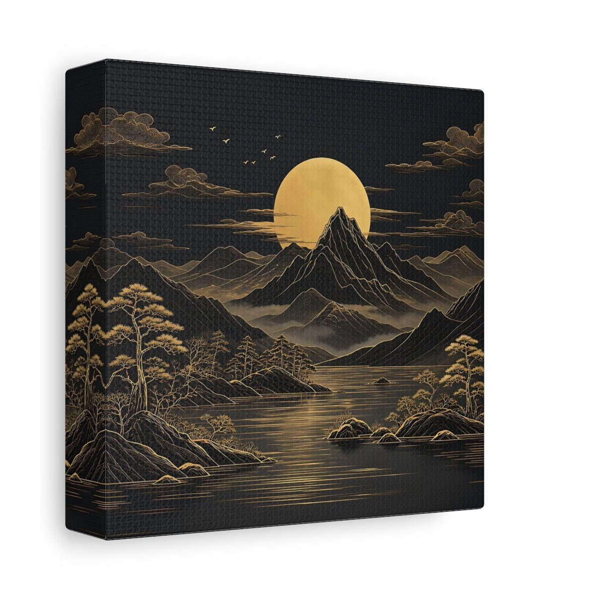Side Mockup 2. Nature Mountain Moon Black And Gold Landscape shown as stretched canvas wall art