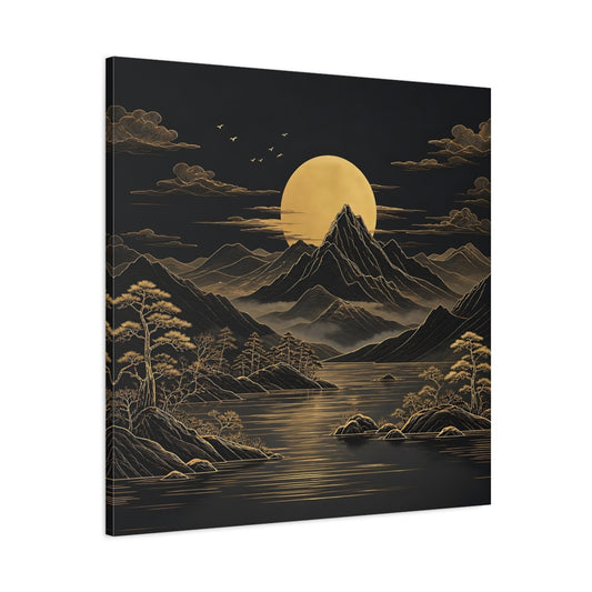 Main Mockup. Nature Mountain Moon Black And Gold Landscape shown as stretched canvas wall art