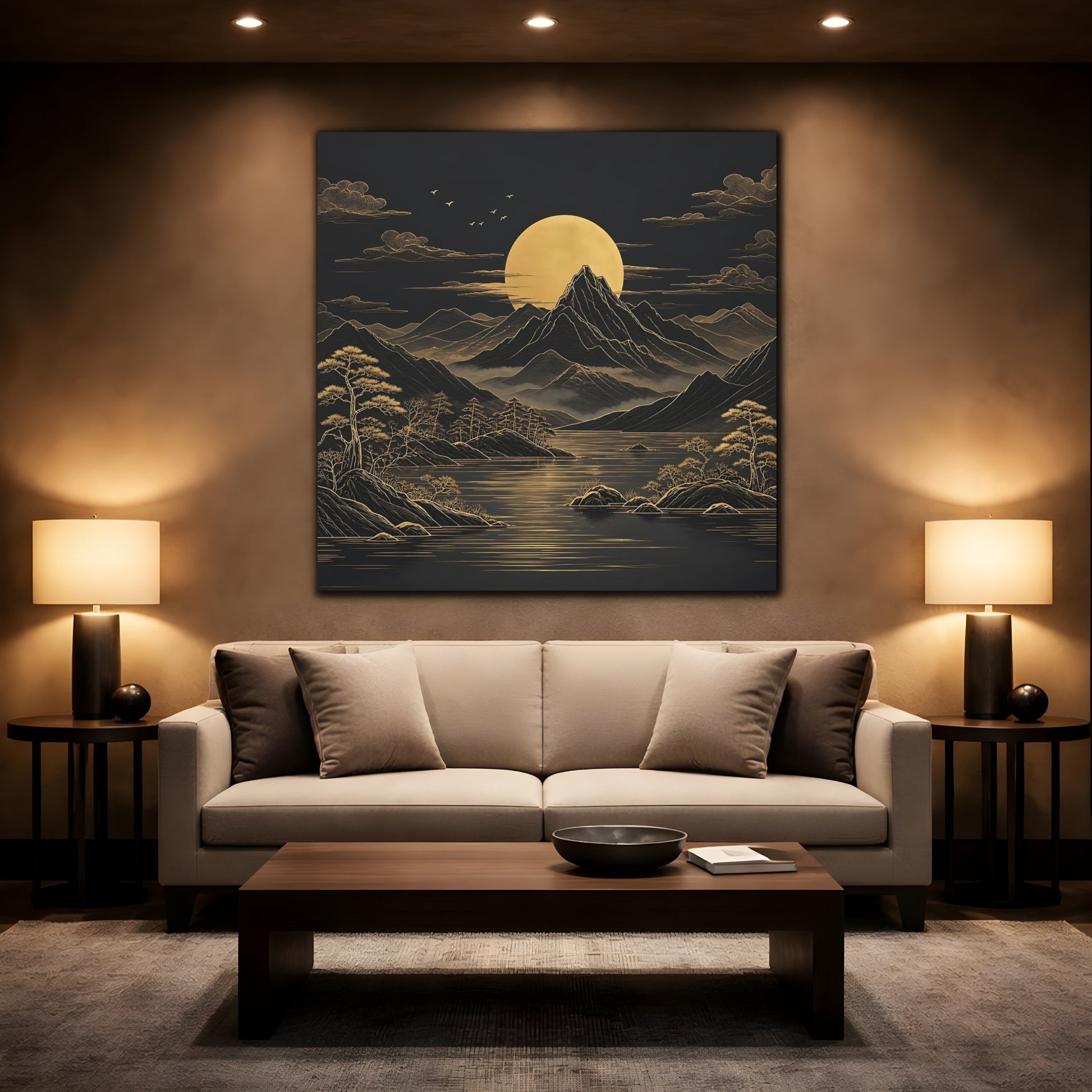 Mockup 2. Nature Mountain Moon Black And Gold Landscape shown as stretched canvas wall art