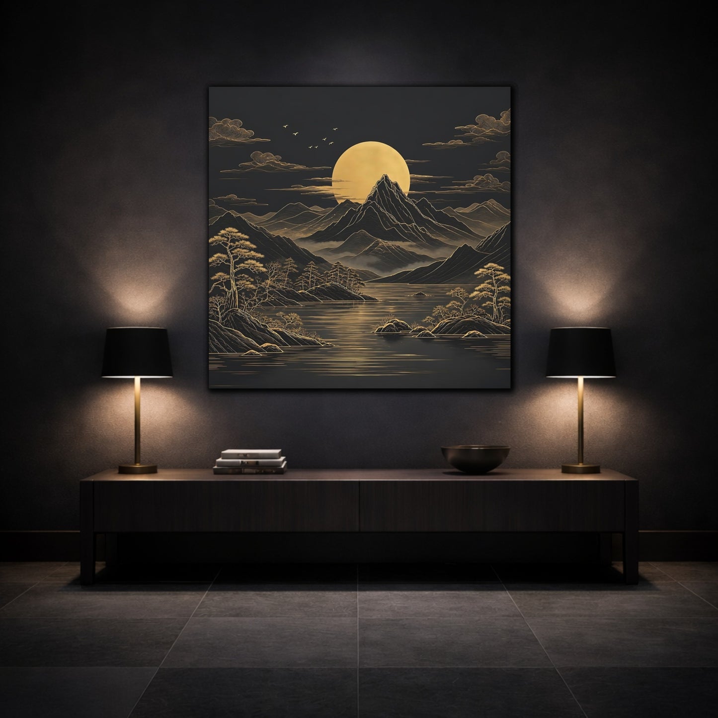 Mockup 3. Nature Mountain Moon Black And Gold Landscape shown as stretched canvas wall art