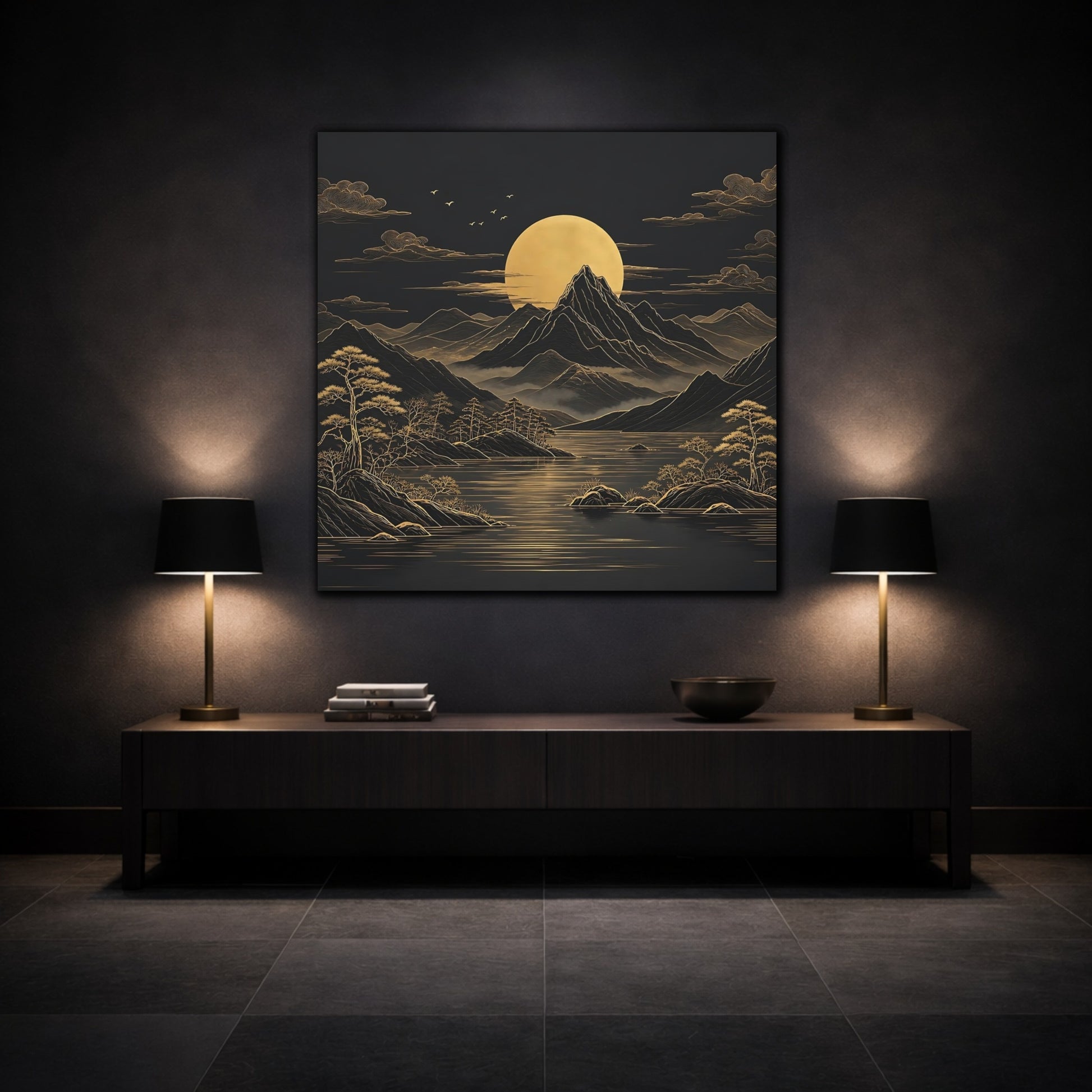Mockup 3. Nature Mountain Moon Black And Gold Landscape shown as stretched canvas wall art