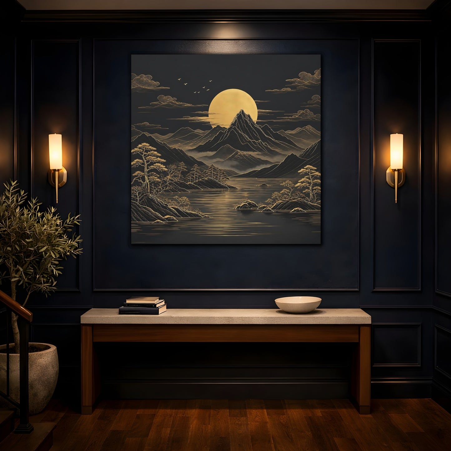 Mockup 4. Nature Mountain Moon Black And Gold Landscape shown as stretched canvas wall art