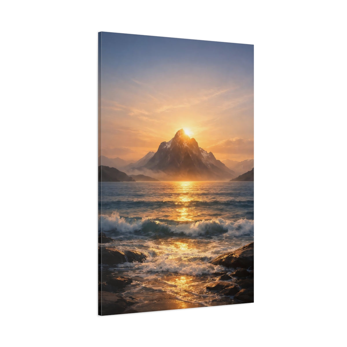 Main Mockup. Nature Mountain Ocean Golden Sunset shown as stretched canvas wall art