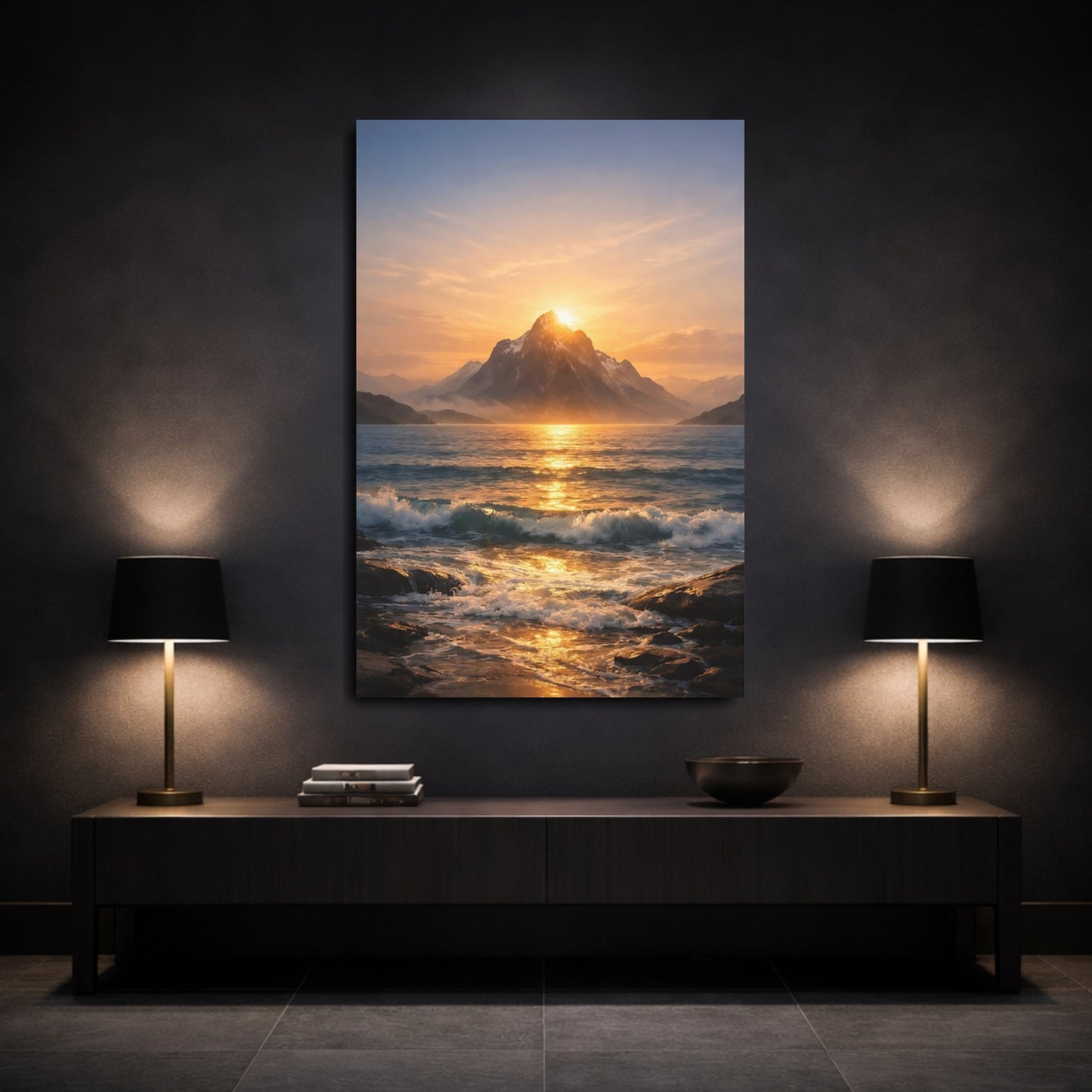 Mockup 2. Nature Mountain Ocean Golden Sunset shown as stretched canvas wall art