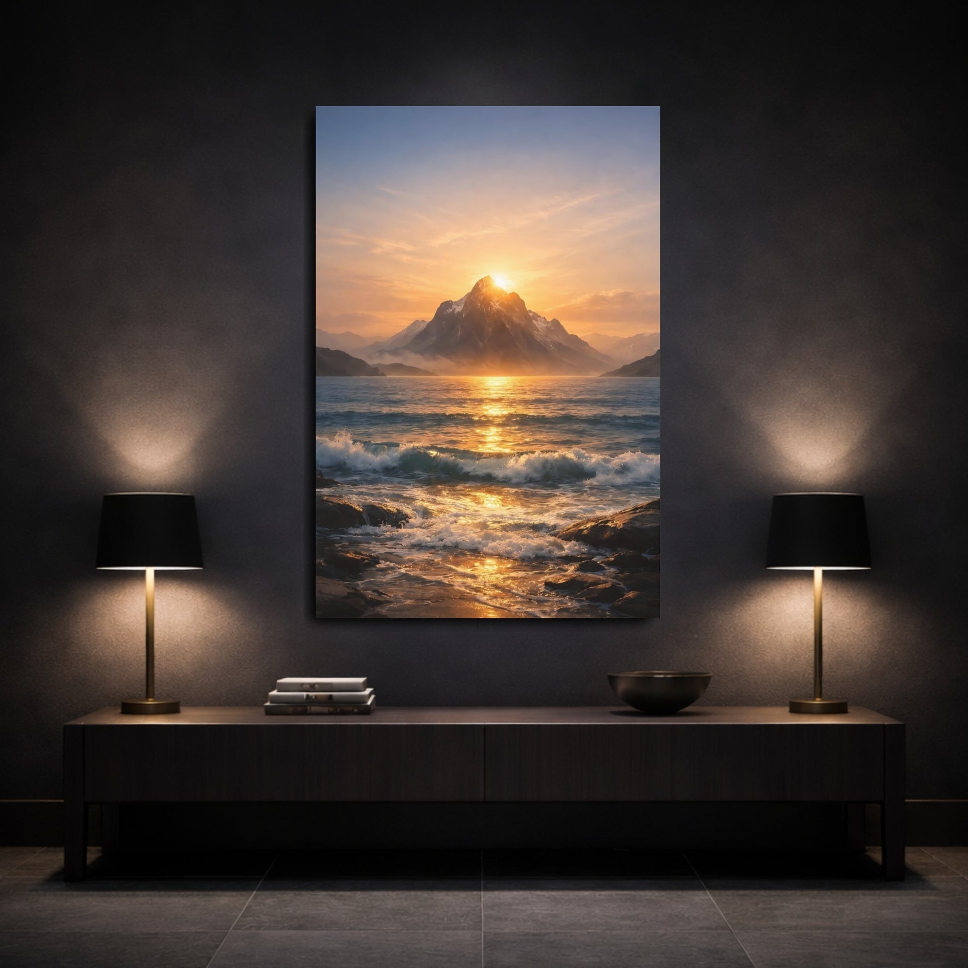 Mockup 2. Nature Mountain Ocean Golden Sunset shown as stretched canvas wall art