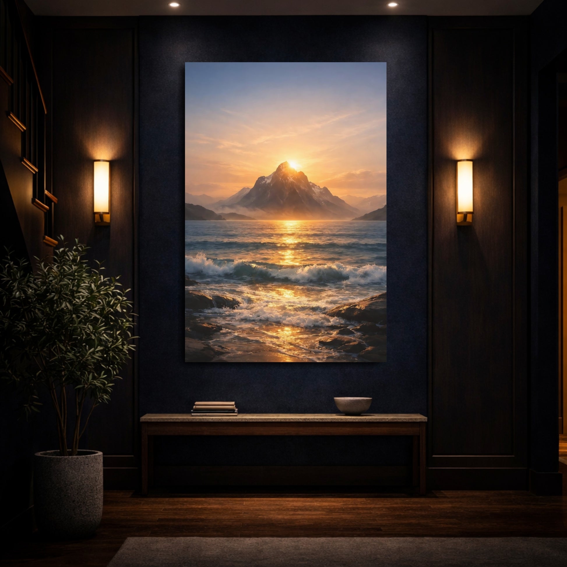 Mockup 3. Nature Mountain Ocean Golden Sunset shown as stretched canvas wall art