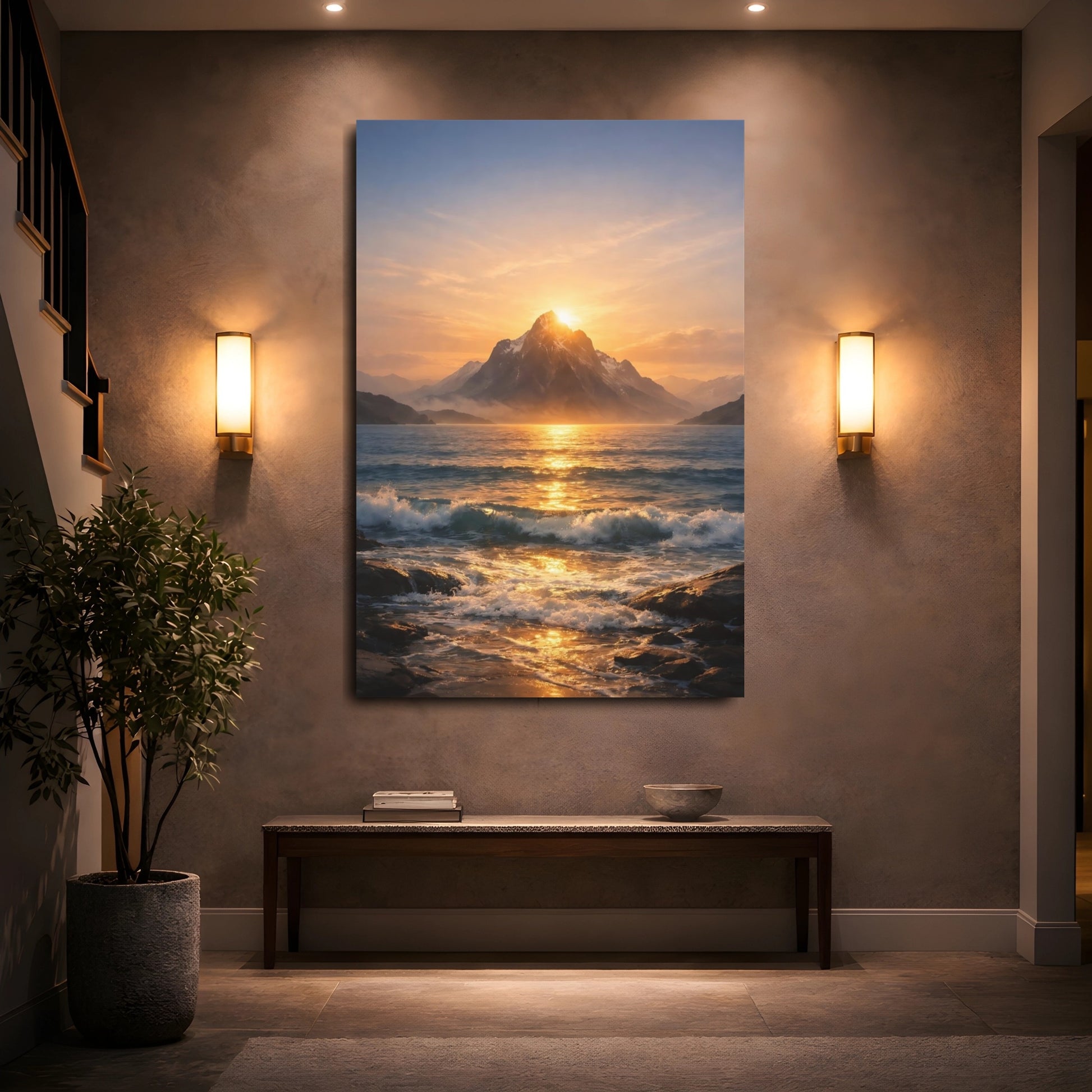 Mockup 4. Nature Mountain Ocean Golden Sunset shown as stretched canvas wall art