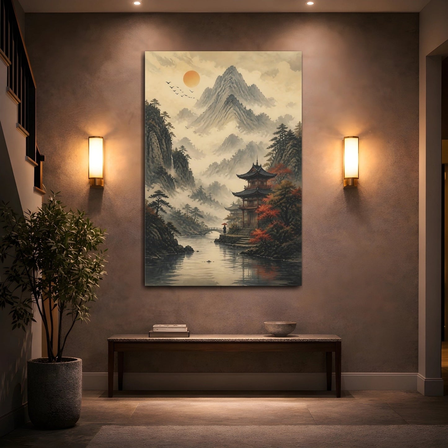 Nature Mountain Pagoda Misty Asian Landscape Canvas Wall Art Print – Living Room, Above Console Table - YesArtYes
