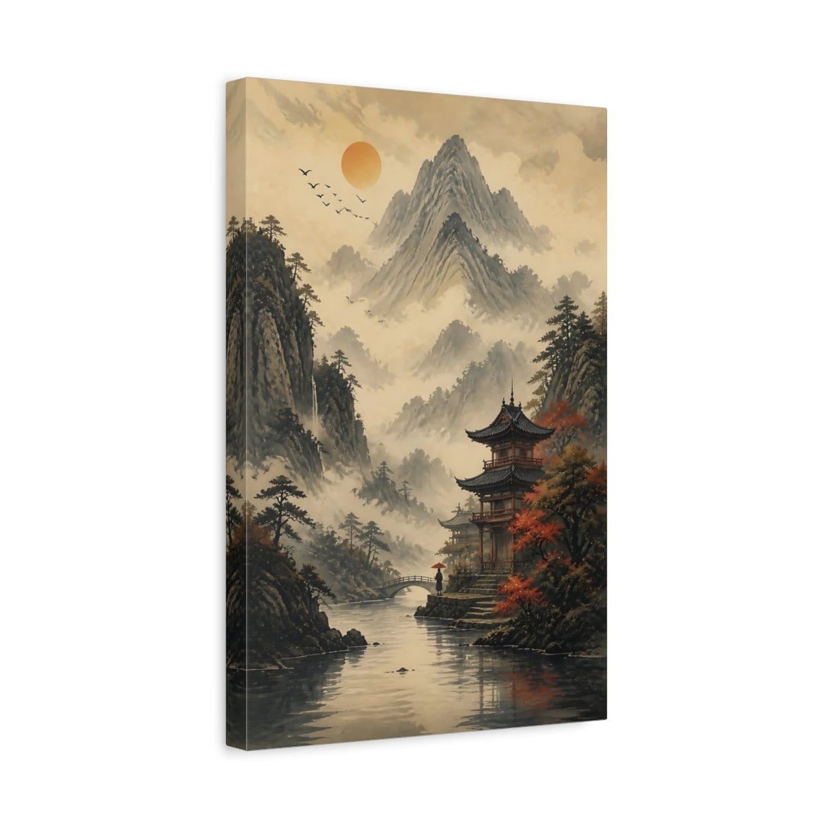 Nature Mountain Pagoda Misty Asian Landscape Canvas Wall Art Print – Living Room, Above Console Table - YesArtYes