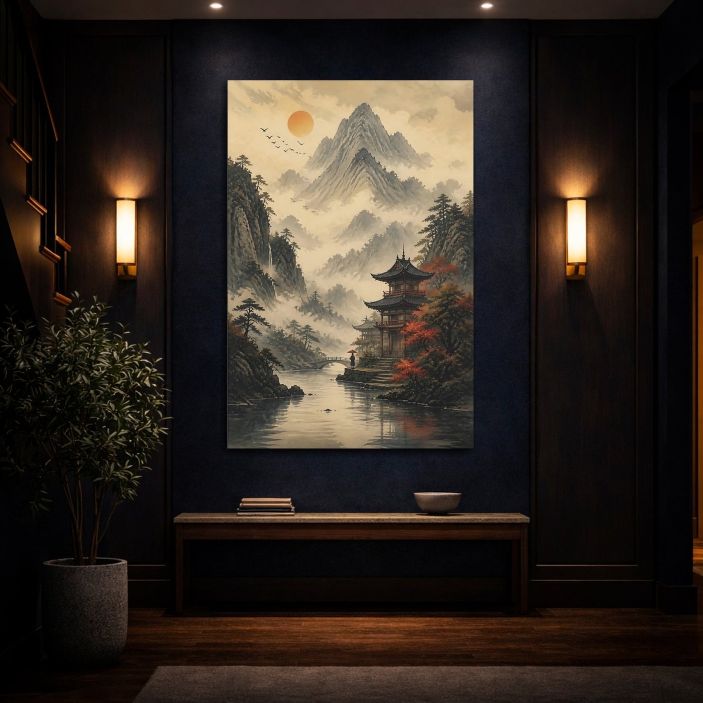 Nature Mountain Pagoda Misty Asian Landscape Canvas Wall Art Print – Living Room, Above Console Table - YesArtYes