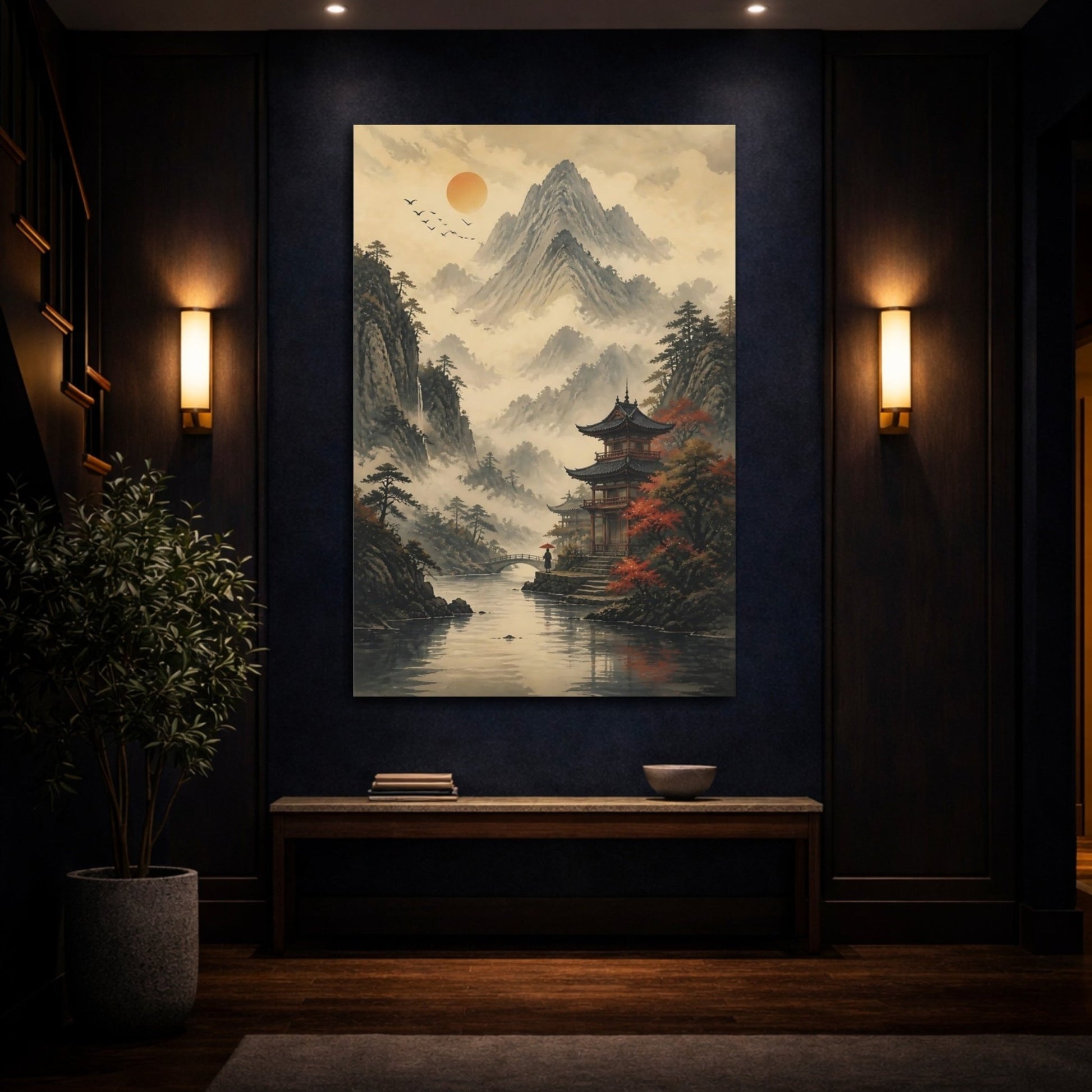 Nature Mountain Pagoda Misty Asian Landscape Canvas Wall Art Print – Living Room, Above Console Table - YesArtYes