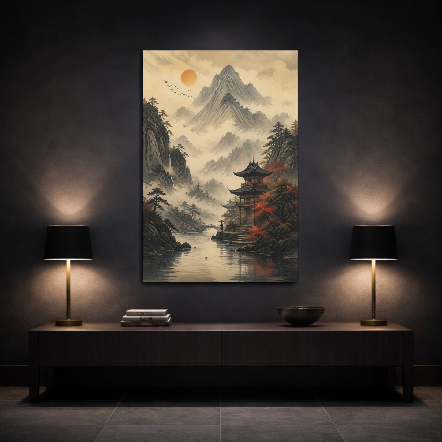 Nature Mountain Pagoda Misty Asian Landscape Canvas Wall Art Print – Living Room, Above Console Table - YesArtYes