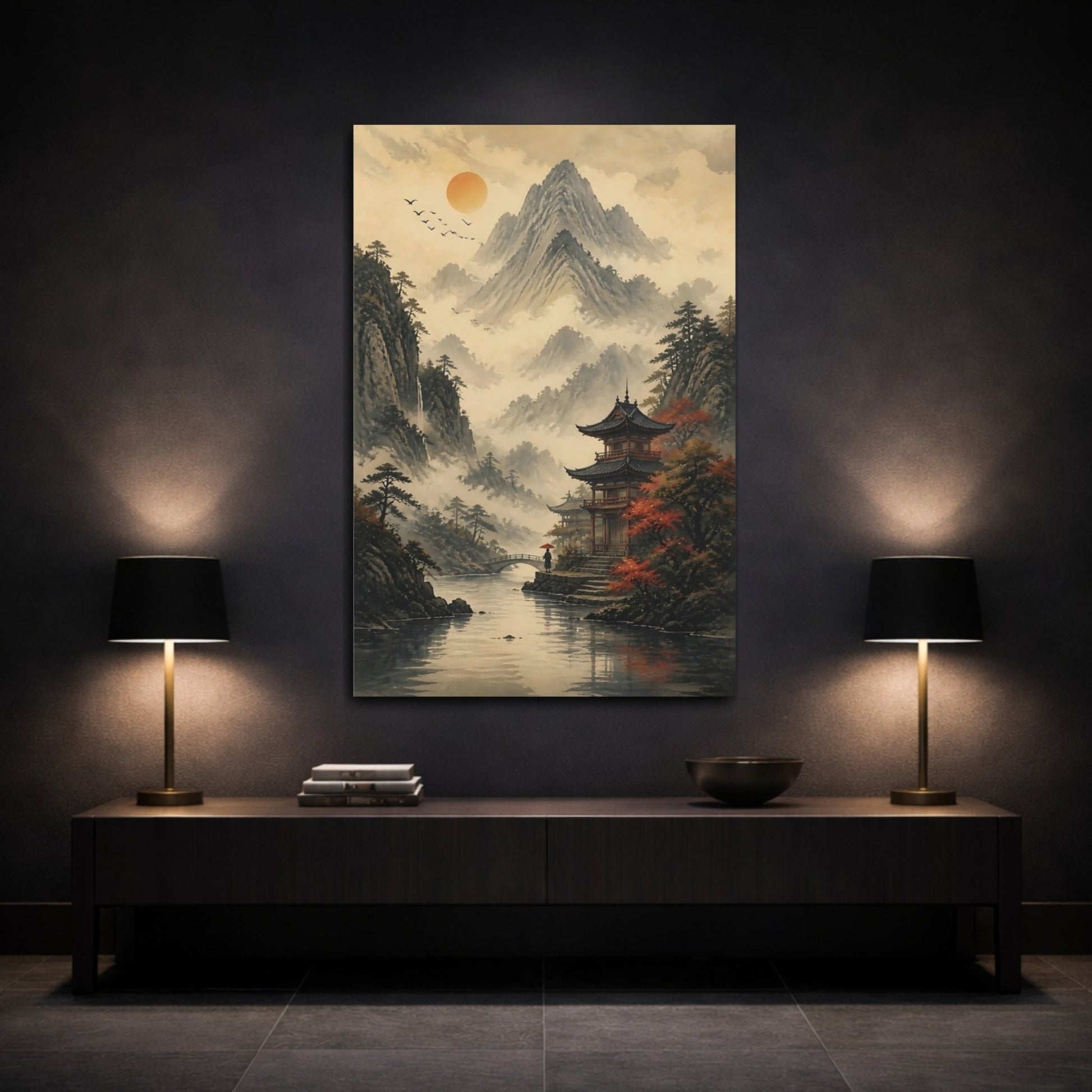 Nature Mountain Pagoda Misty Asian Landscape Canvas Wall Art Print – Living Room, Above Console Table - YesArtYes