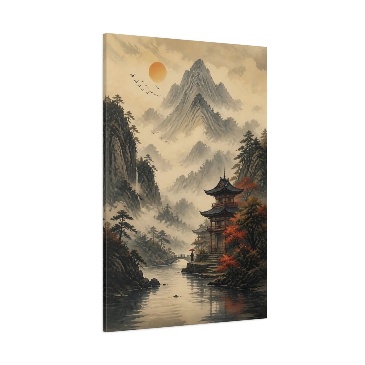 Nature Mountain Pagoda Misty Asian Landscape Canvas Wall Art Print – Living Room, Above Console Table - YesArtYes