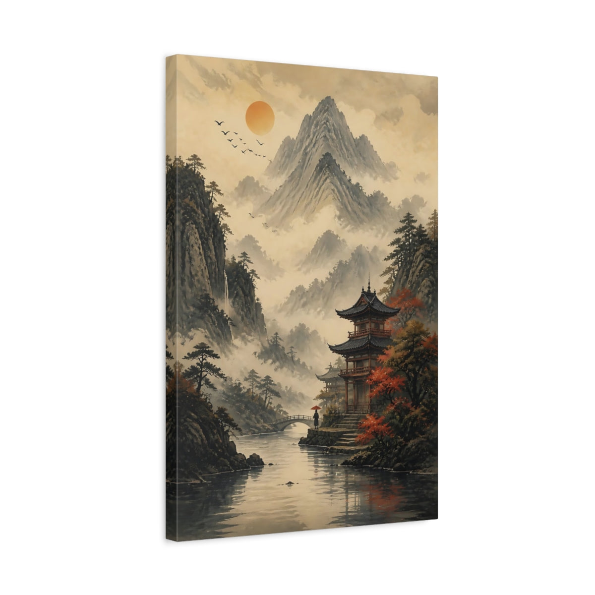 Side Mockup 3. Nature Mountain Pagoda Misty Asian Landscape shown as stretched canvas wall art