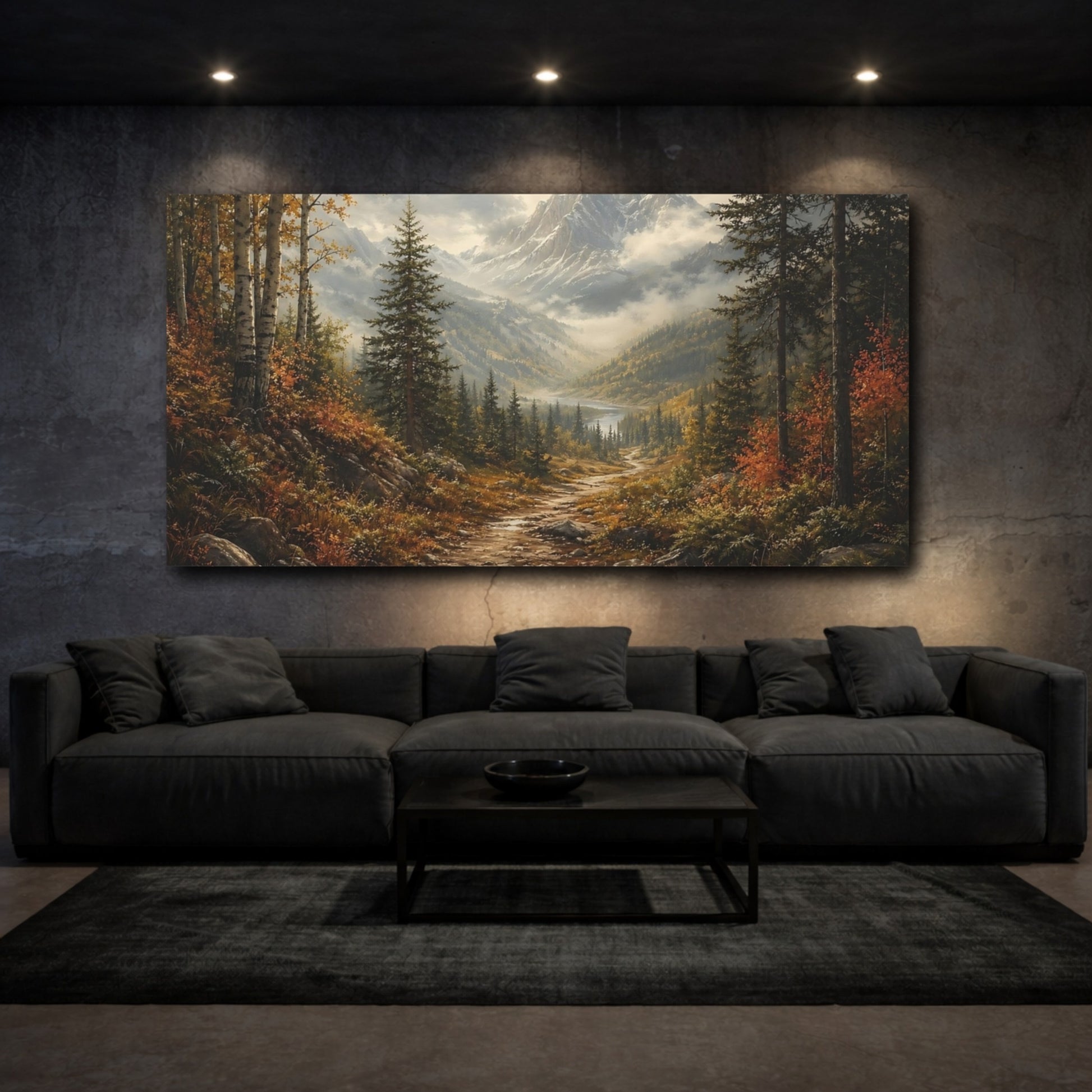 Mockup 2. Nature Mountain Path Autumn Mountain shown as stretched canvas wall art