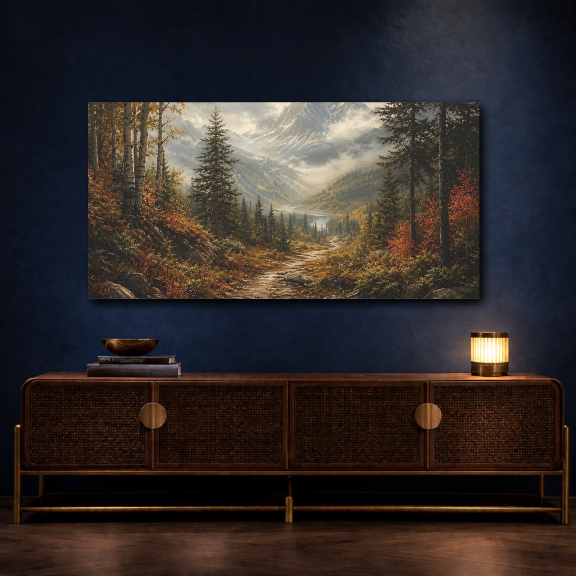 Mockup 4. Nature Mountain Path Autumn Mountain shown as stretched canvas wall art