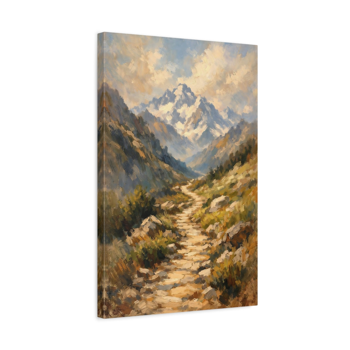 Side Mockup 3. Nature Mountain Path Brown And Blue Landscape shown as stretched canvas wall art
