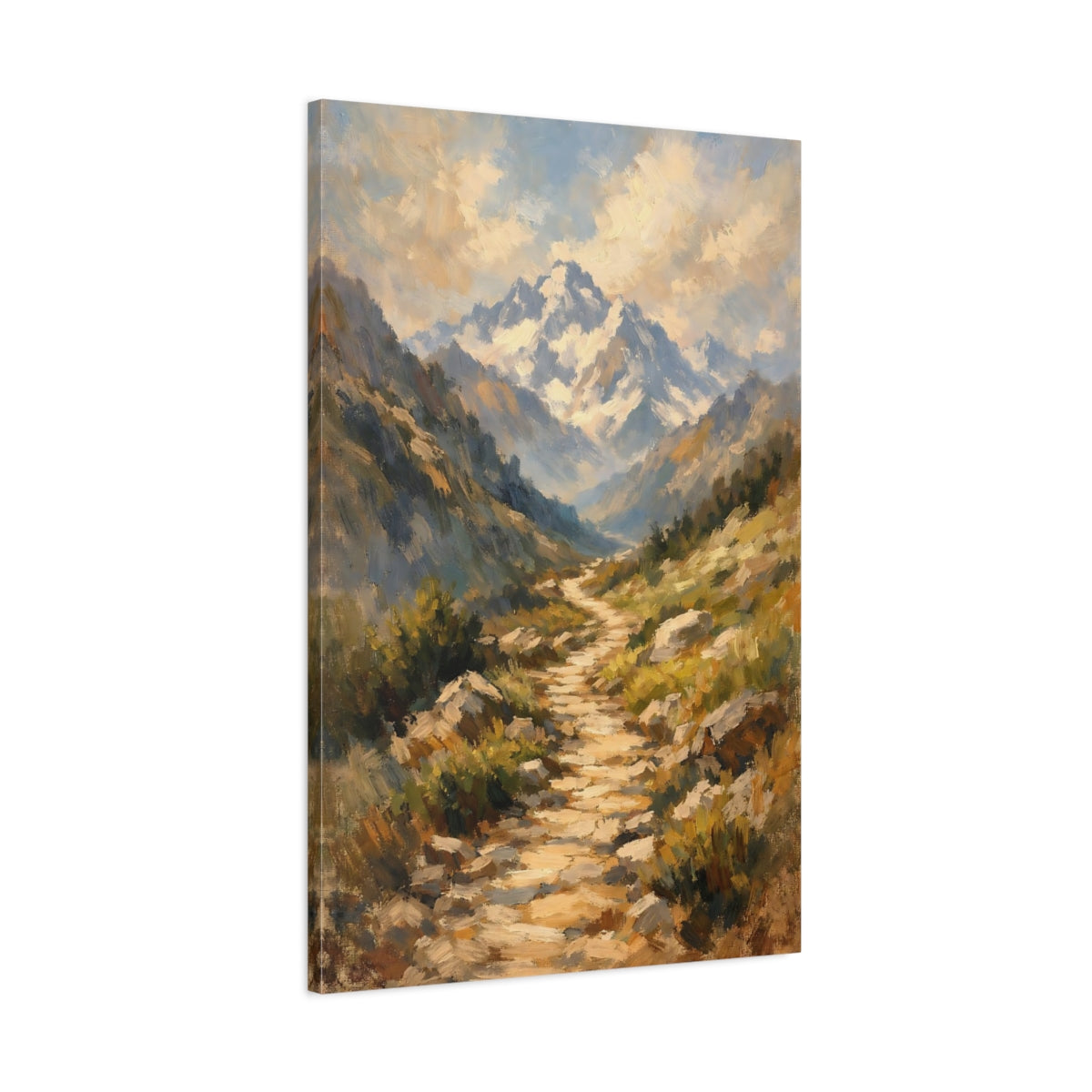 Side Mockup 1. Nature Mountain Path Brown And Blue Landscape shown as stretched canvas wall art