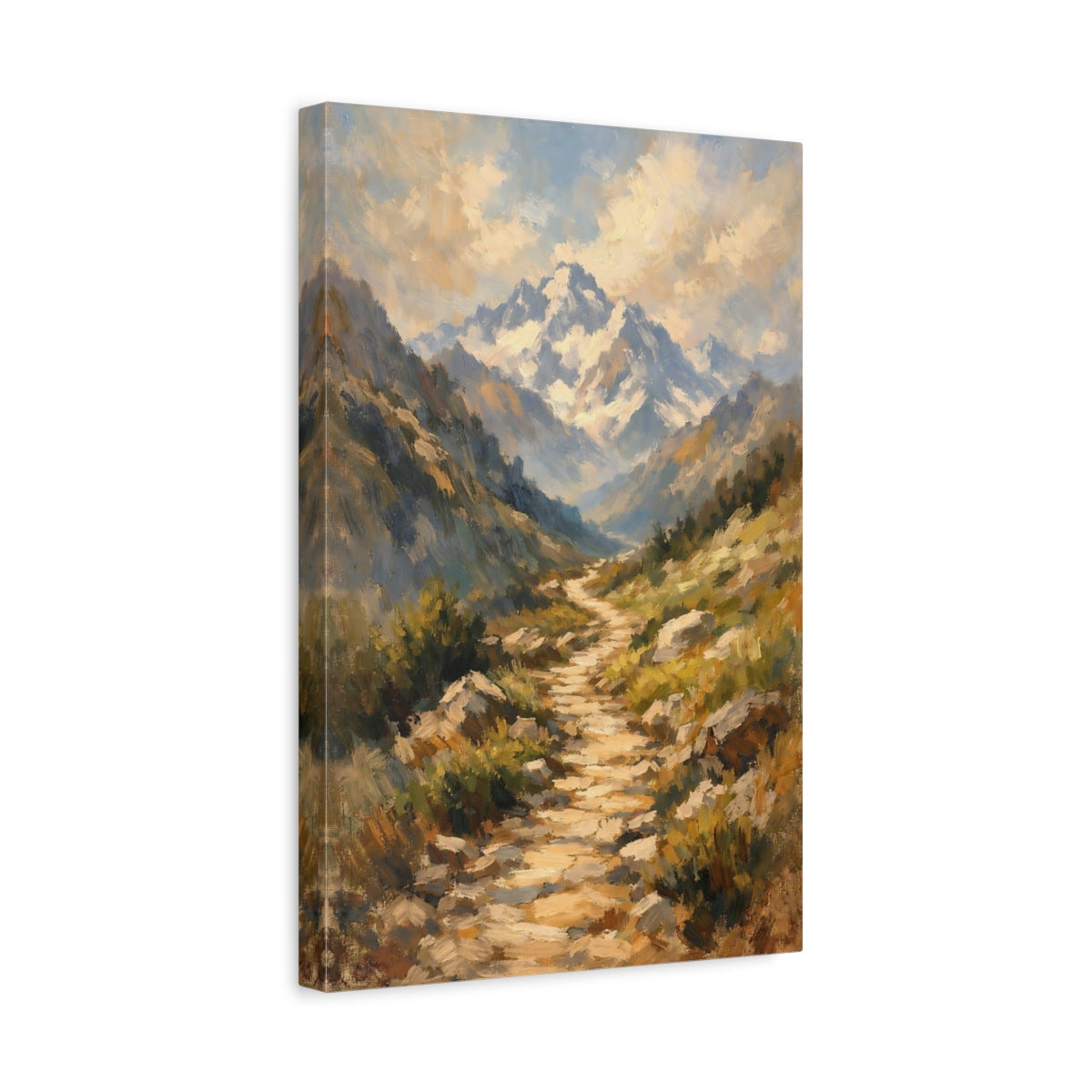 Side Mockup 4. Nature Mountain Path Brown And Blue Landscape shown as stretched canvas wall art