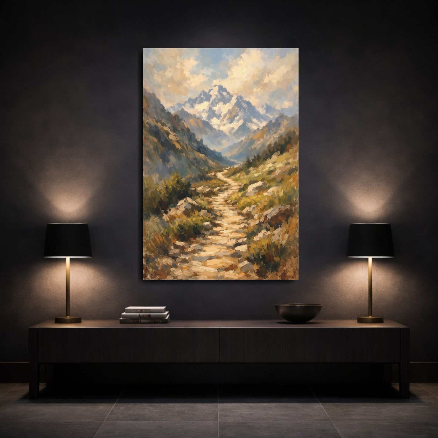 Mockup 2. Nature Mountain Path Brown And Blue Landscape shown as stretched canvas wall art