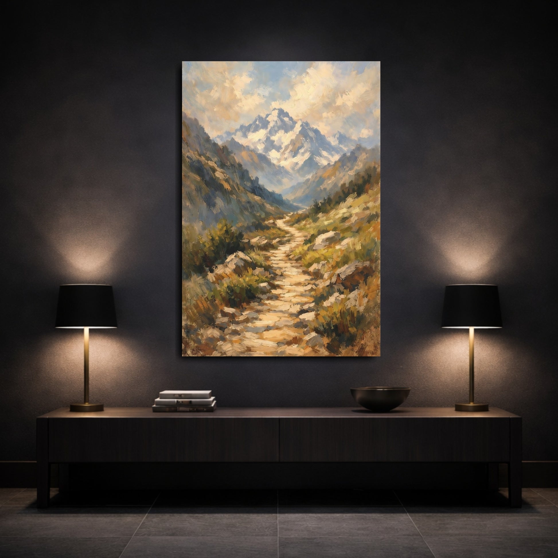 Mockup 2. Nature Mountain Path Brown And Blue Landscape shown as stretched canvas wall art