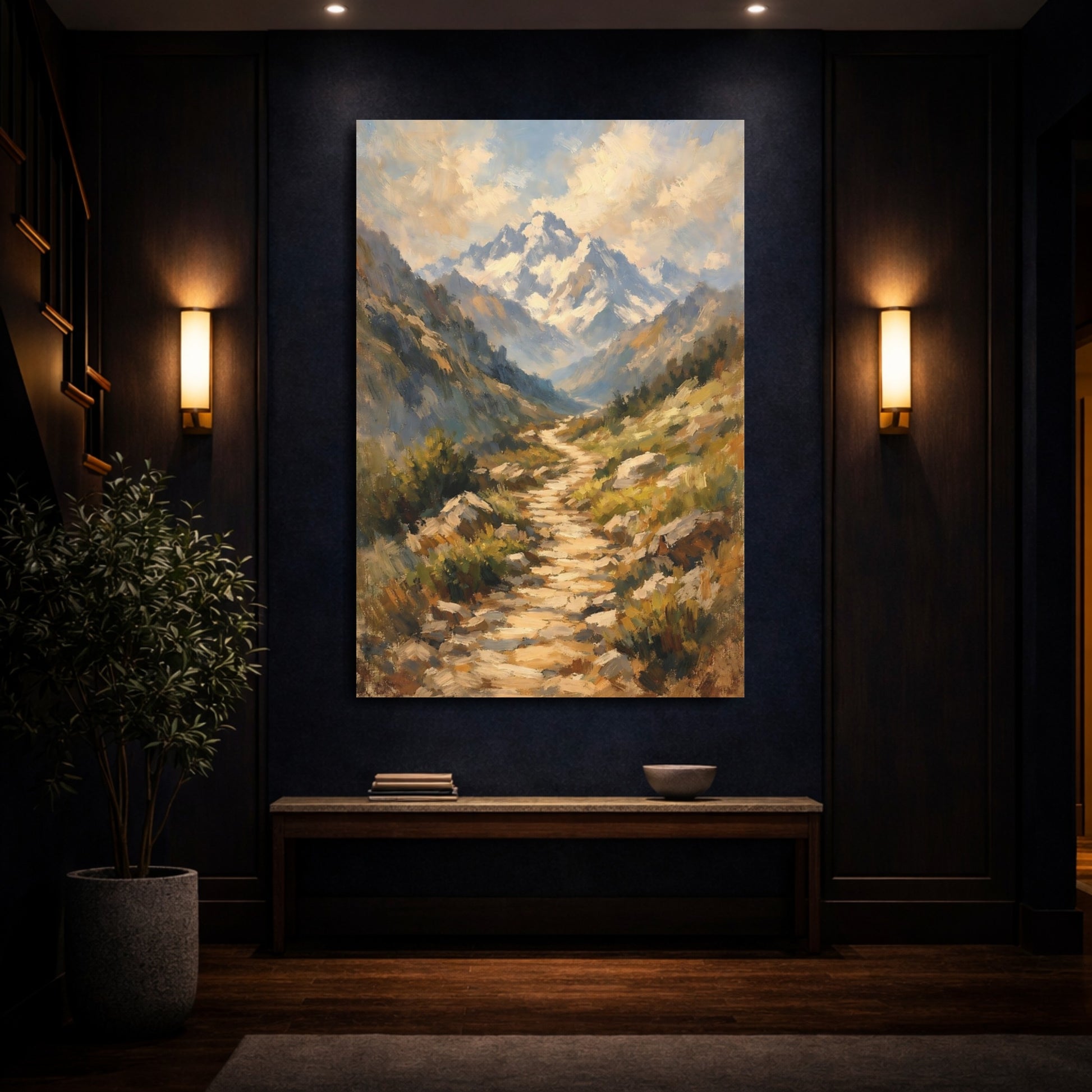 Mockup 3. Nature Mountain Path Brown And Blue Landscape shown as stretched canvas wall art