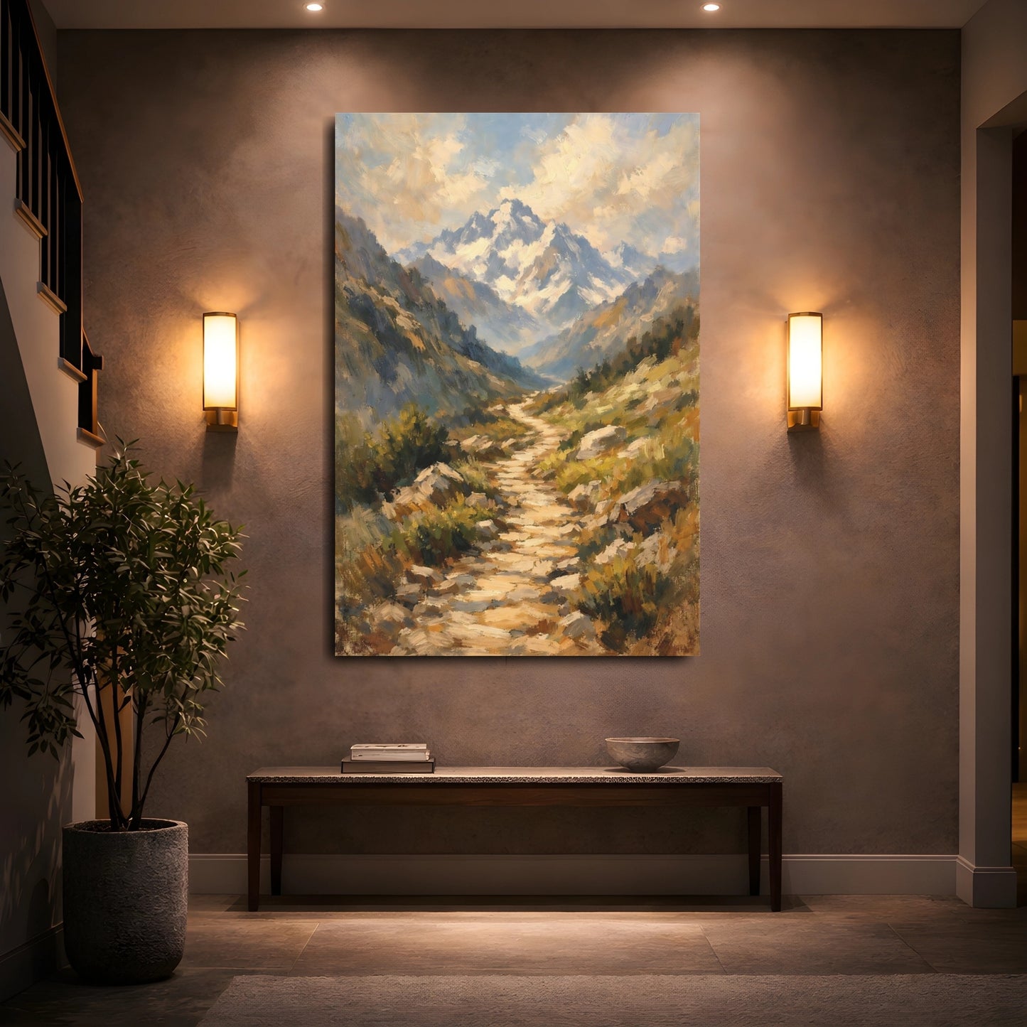 Mockup 4. Nature Mountain Path Brown And Blue Landscape shown as stretched canvas wall art